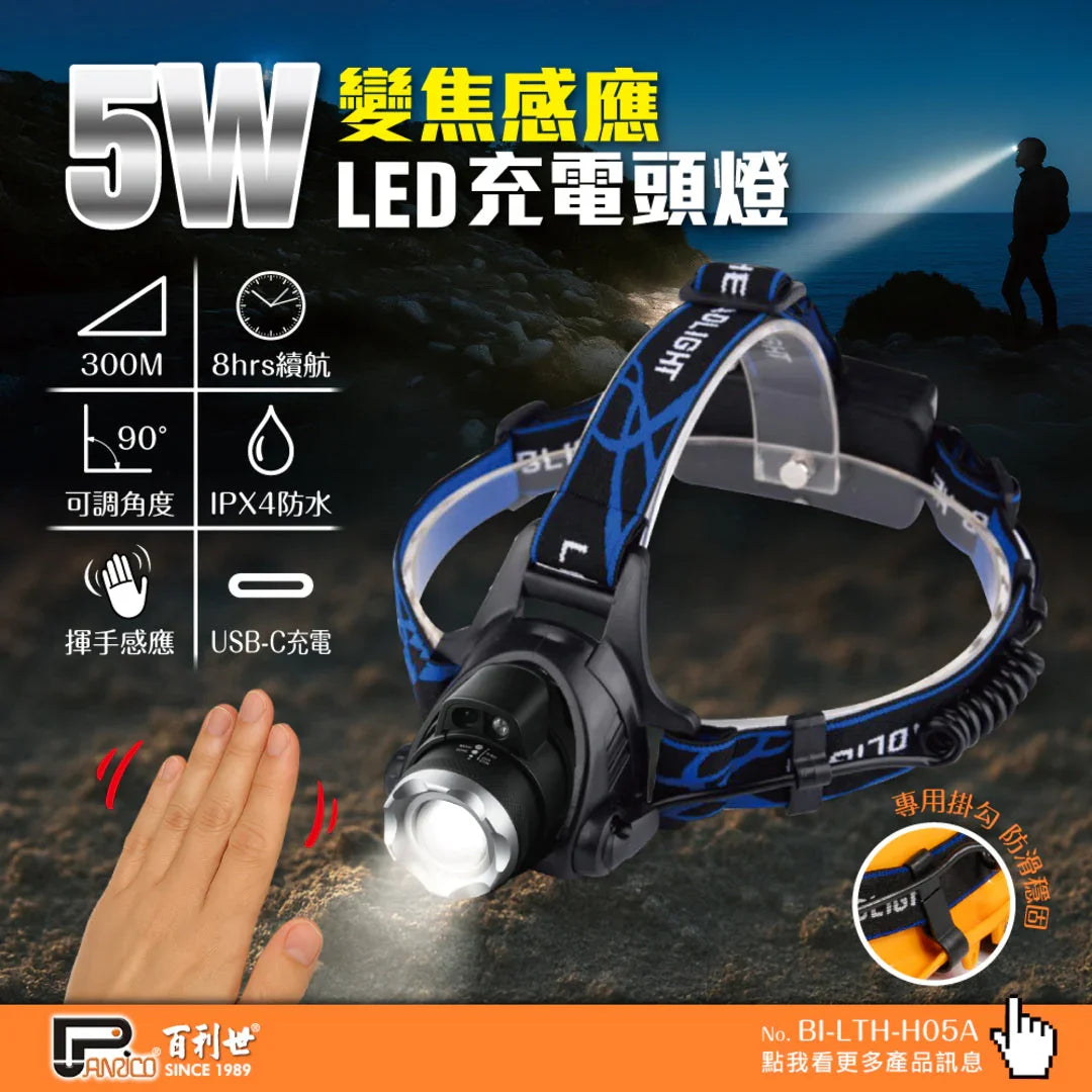 【新品上市】5W 變焦感應LED充電頭燈 (BI-LTH-H05A)